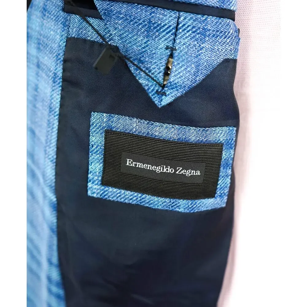 $2,990 ZEGNA - Blue Plaid Wool/Silk/Linen Blazer - 46R